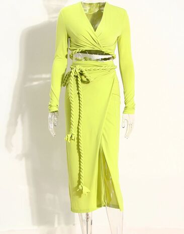 Rope Twist V-Neck Crop Top  & Wrap Skirt Two-Piece Set